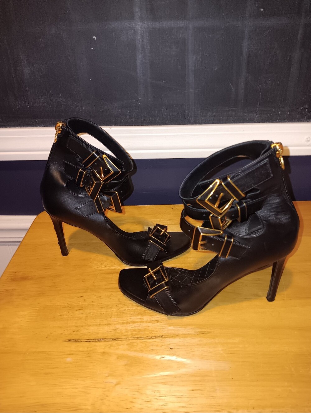 Balmain Black Leather Strappy High Heel Sandals with Gold Buckles Size 5